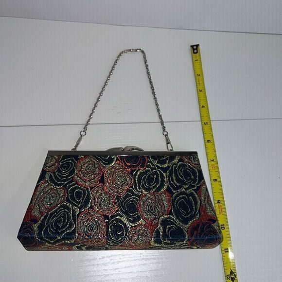 Vintage Clutch Purse Fabric Rose Sparkly Blue Red Green Silver Clasp Hard Case - Picture 3 of 6